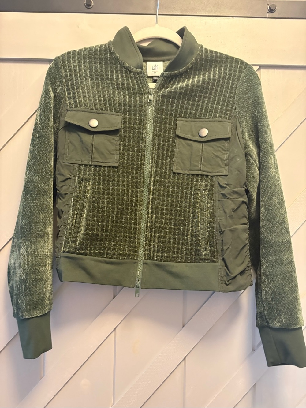 CAbi “UNI” Olive Green Textured Velvet Bomber Jacket